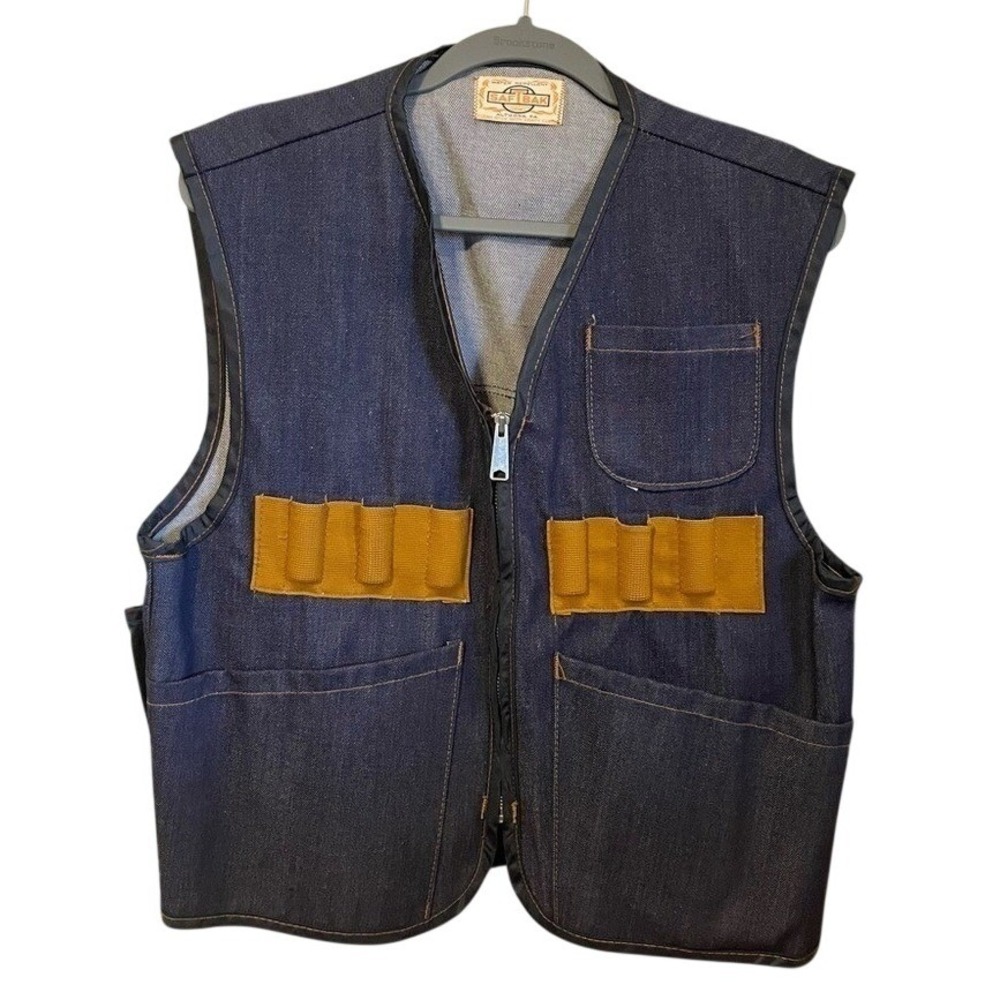 Saf-T-Bak Vintage Denim Hunting Vest Shell Loops Game Bag Indigo Blue Mens XL